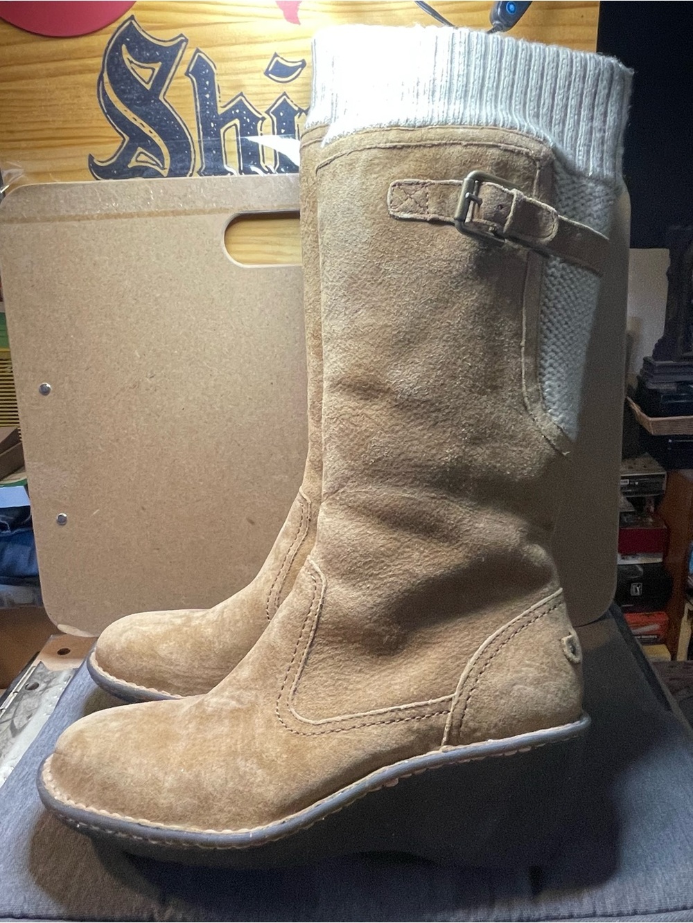 UGG Women's Tan Suede Wedge Boots with Knit Cuff and Side Buckle